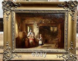 OLD 19th CENTURY FRENCH ANTIQUE SIGNED OIL PAINTING FIGURES IN A BRETON COTTAGE