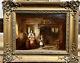 Old 19th Century French Antique Signed Oil Painting Figures In A Breton Cottage