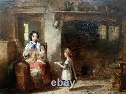 OLD 19th CENTURY FRENCH ANTIQUE SIGNED OIL PAINTING FIGURES IN A BRETON COTTAGE