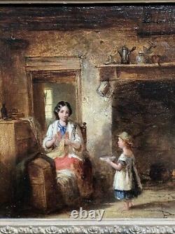 OLD 19th CENTURY FRENCH ANTIQUE SIGNED OIL PAINTING FIGURES IN A BRETON COTTAGE