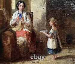 OLD 19th CENTURY FRENCH ANTIQUE SIGNED OIL PAINTING FIGURES IN A BRETON COTTAGE