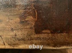 OLD 19th CENTURY FRENCH ANTIQUE SIGNED OIL PAINTING FIGURES IN A BRETON COTTAGE