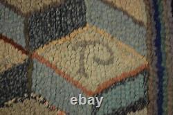 OLD, ANTIQUE AMERICAN SIGNED HOOKED RUG 2.11x2.11 DIFFERENT MATERIAL USED TO HOOK