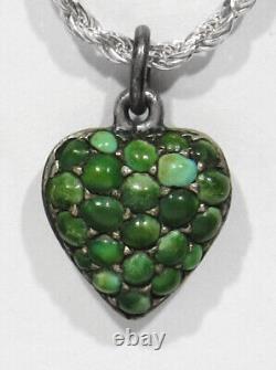 OLD Antique 1890s SIGNED German Natural Green Turquoise 800 Silver Heart Pendant