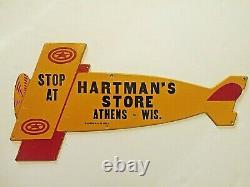 OLD Antique Biplane Metal Sign Hartmans Store Die Cut 1910 Airplane Stop Unusual