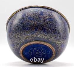 OLD Chinese Bowl Cloisonne Blue & Gold Marked Flower Late Qing 19th C