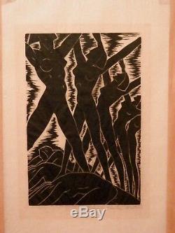 OLD antique Listed Artist Fine Art WOODBLOCK Art Deco NUDES wpa era artwork