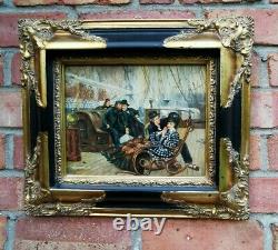 Oil Painting of People on Deck of Ship Old Masters Style. Ornately Framed Signed