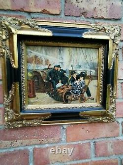 Oil Painting of People on Deck of Ship Old Masters Style. Ornately Framed Signed