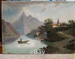 Oil on canvas painting old landcape lake farmer old vintage, boat on the lake