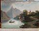 Oil On Canvas Painting Old Landcape Lake Farmer Old Vintage, Boat On The Lake