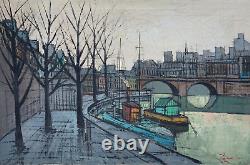 Old Antique Bernard Buffet Style Oil Painting L' Isle Saint Louis Paris Signed