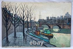 Old Antique Bernard Buffet Style Oil Painting L' Isle Saint Louis Paris Signed