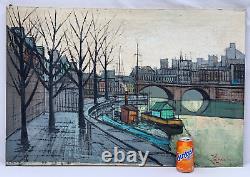 Old Antique Bernard Buffet Style Oil Painting L' Isle Saint Louis Paris Signed