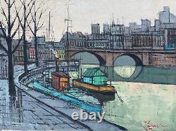 Old Antique Bernard Buffet Style Oil Painting L' Isle Saint Louis Paris Signed