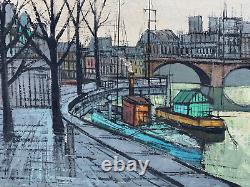 Old Antique Bernard Buffet Style Oil Painting L' Isle Saint Louis Paris Signed