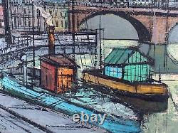 Old Antique Bernard Buffet Style Oil Painting L' Isle Saint Louis Paris Signed