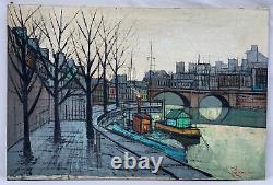 Old Antique Bernard Buffet Style Oil Painting L' Isle Saint Louis Paris Signed