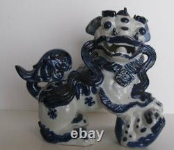 Old Antique Chinese/Japanese Blue on White Foo Dog withFoot 0n Pup Signed