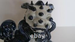 Old Antique Chinese/Japanese Blue on White Foo Dog withFoot 0n Pup Signed