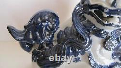 Old Antique Chinese/Japanese Blue on White Foo Dog withFoot 0n Pup Signed