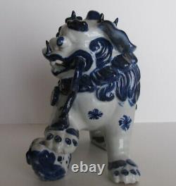 Old Antique Chinese/Japanese Blue on White Foo Dog withFoot 0n Pup Signed