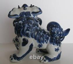 Old Antique Chinese/Japanese Blue on White Foo Dog withFoot 0n Pup Signed