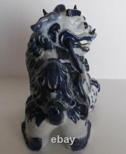 Old Antique Chinese/Japanese Blue on White Foo Dog withFoot 0n Pup Signed