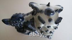 Old Antique Chinese/Japanese Blue on White Foo Dog withFoot 0n Pup Signed