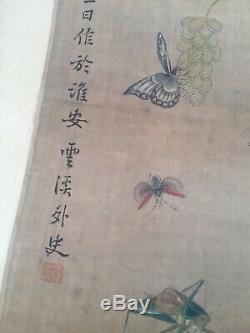 Old Antique Chinese Scroll Painting Yum Shouping Nathan Garden Insects Qing