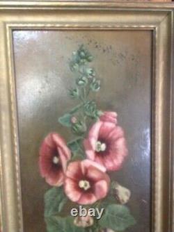 Old Antique Oil painting Hibiscus Tropical Flowering Plant Board Mount Rare Art