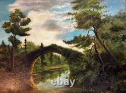 Old Antique Original Landscape Oil Painting Art Bridges Green Trees Signed