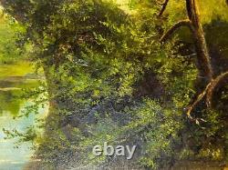 Old Antique Original Landscape Oil Painting Art Bridges Green Trees Signed