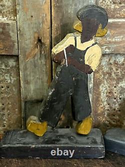 Old Antique Original Paint Carved Wood Black Americana Dutch Boy Figures AAFA