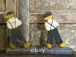 Old Antique Original Paint Carved Wood Black Americana Dutch Boy Figures AAFA