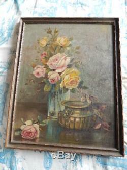 Old Antique Pink ROSES Oil Painting Artist Signed Dated 1925 Framed