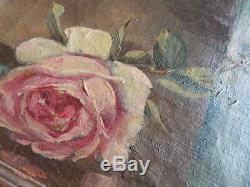 Old Antique Pink ROSES Oil Painting Artist Signed Dated 1925 Framed
