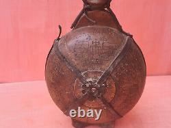 Old Antique Primitive Big Wooden Vessel Flask Wine Water Bottle Signed 1910s