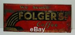 Old Antique Vintage 1930s FOLGER'S COFFEE ART DECO TIN METAL ADVERTISING SIGN