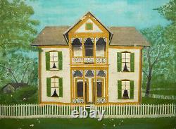 Old Antique Vtg 1910s Folk Art O/C Painting Victorian House Dated 1913 Anderson