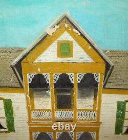 Old Antique Vtg 1910s Folk Art O/C Painting Victorian House Dated 1913 Anderson