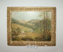 Old Antique Vtg 19th C 1800s Oil Painting of Log Cabin Signed Wieker 8.5 X 10.5