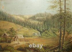 Old Antique Vtg 19th C 1800s Oil Painting of Log Cabin Signed Wieker 8.5 X 10.5