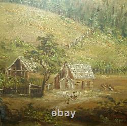 Old Antique Vtg 19th C 1800s Oil Painting of Log Cabin Signed Wieker 8.5 X 10.5
