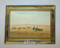 Old Antique Vtg Ca 1900s Watercolor Painting Mongolian Yerts and Horsemen Signed