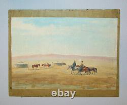 Old Antique Vtg Ca 1900s Watercolor Painting Mongolian Yerts and Horsemen Signed