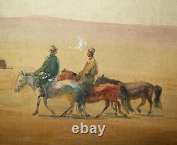 Old Antique Vtg Ca 1900s Watercolor Painting Mongolian Yerts and Horsemen Signed