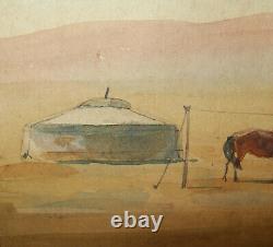 Old Antique Vtg Ca 1900s Watercolor Painting Mongolian Yerts and Horsemen Signed