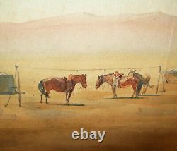 Old Antique Vtg Ca 1900s Watercolor Painting Mongolian Yerts and Horsemen Signed