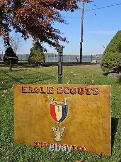 Old Antique Vtg EAGLE SCOUTS TROOP 10 B. S. A. Hand Painted Metal Sign 16 X 24